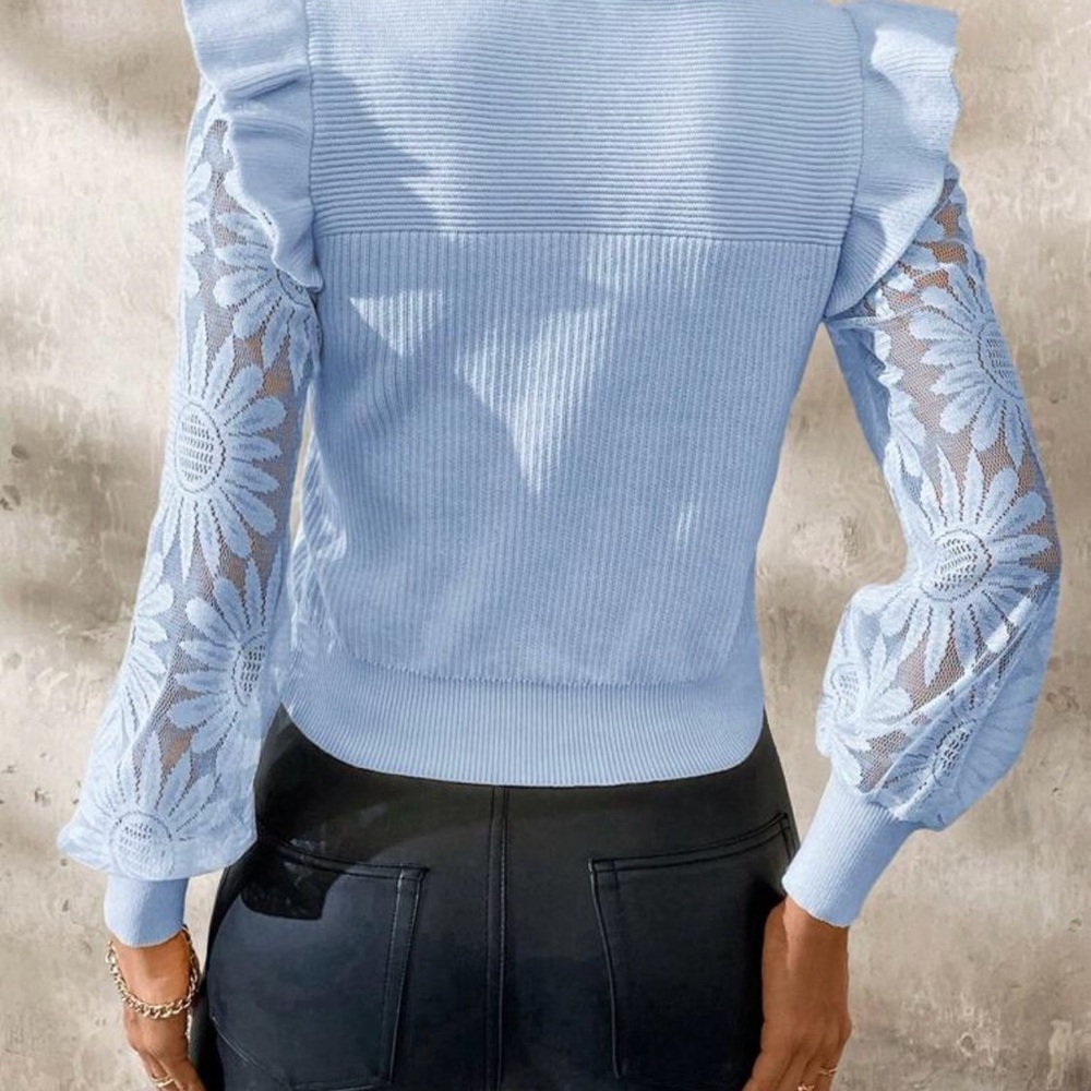 Blue Ribbed Ruffled Long Sleeve Blouse - Picture 6 of 8